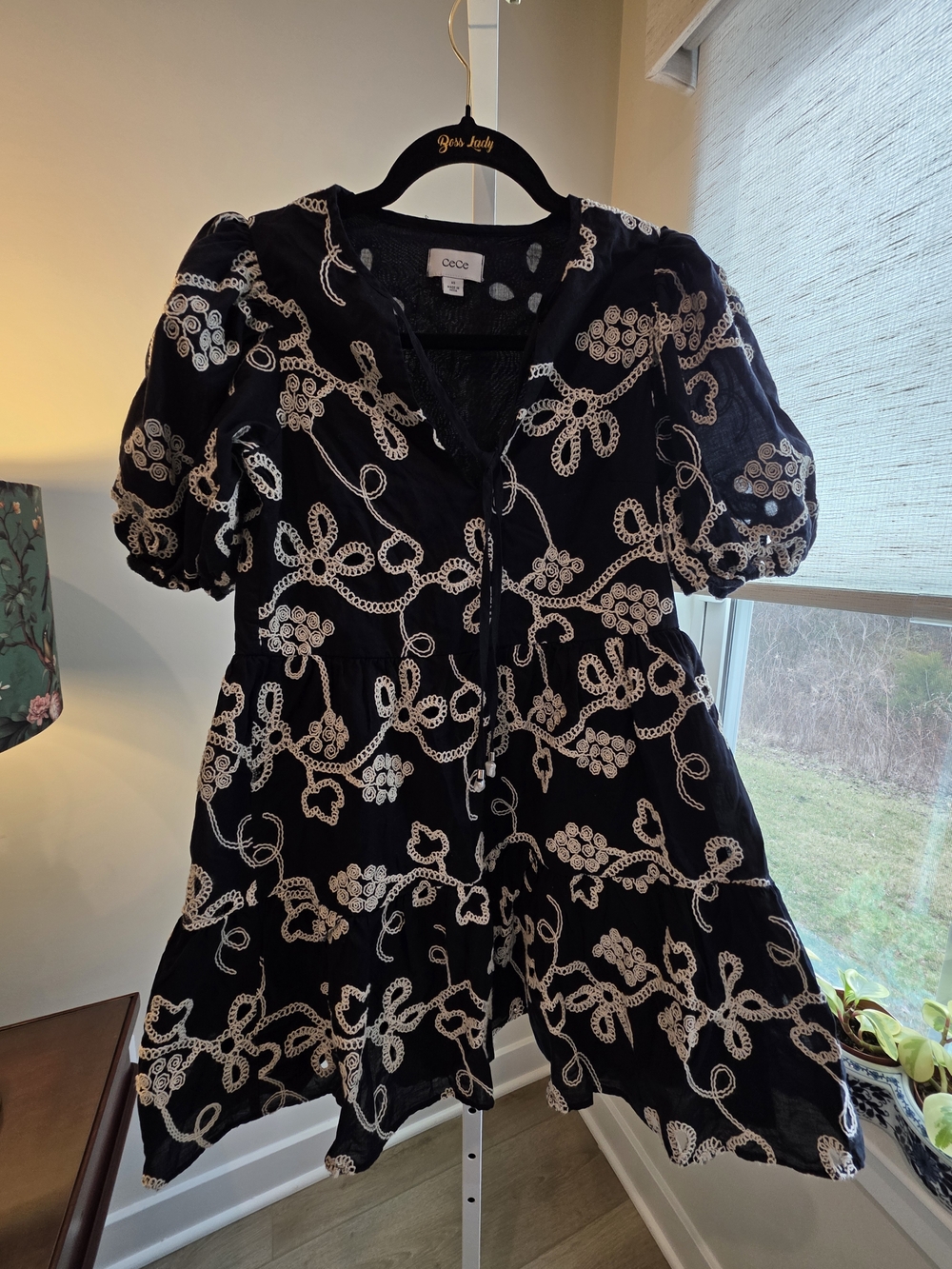 Black Embroidered Cotton Puff-Sleeve Midi Dress Cottagecore Coquette Size XS - Picture 7 of 13